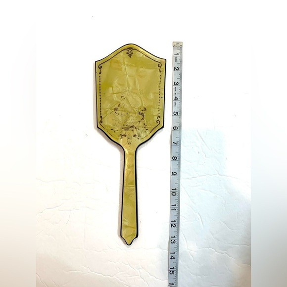 Vintage Beveled Vanity Hand Mirror Yellow Celluloid Art Deco Victorian - Picture 5 of 8